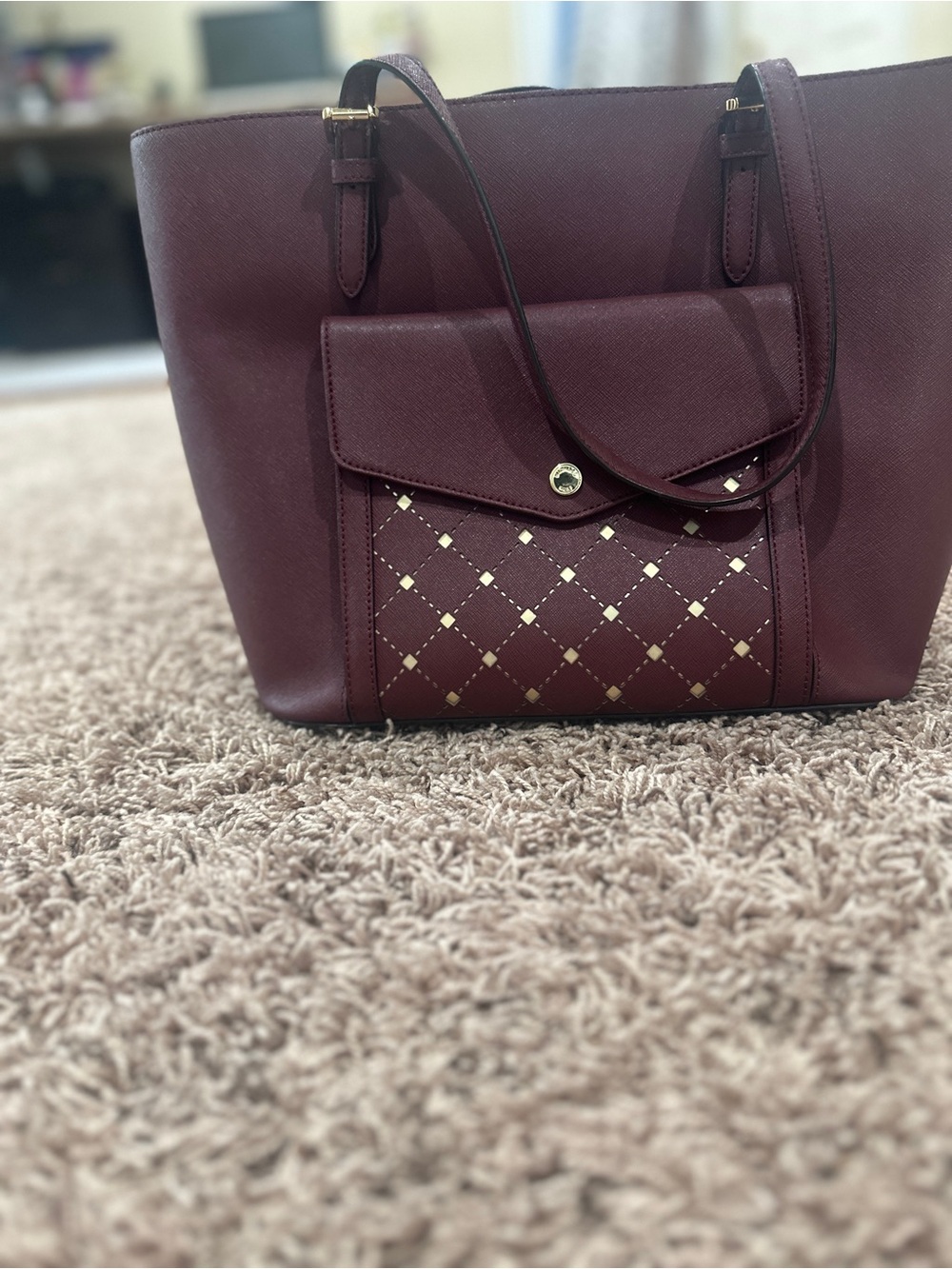 Michael Kors Quilted Front Pocket Tote - Burgundy with Gold Accents